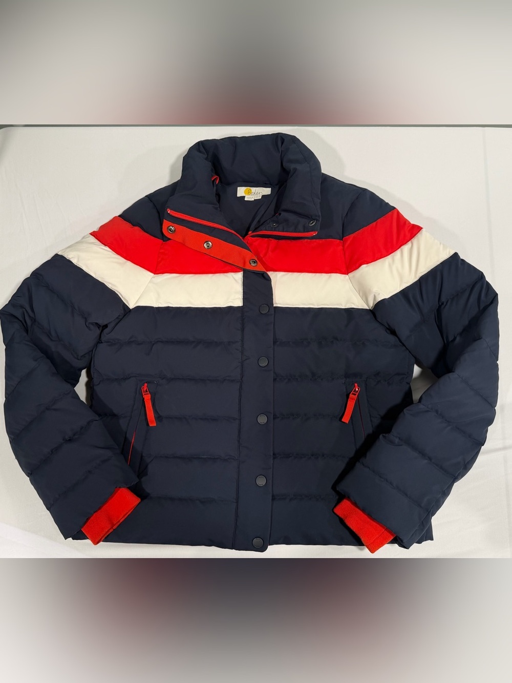 Boden Women’s Vintage Retro Style Navy Puffer Jacket with Red & White Stripes
